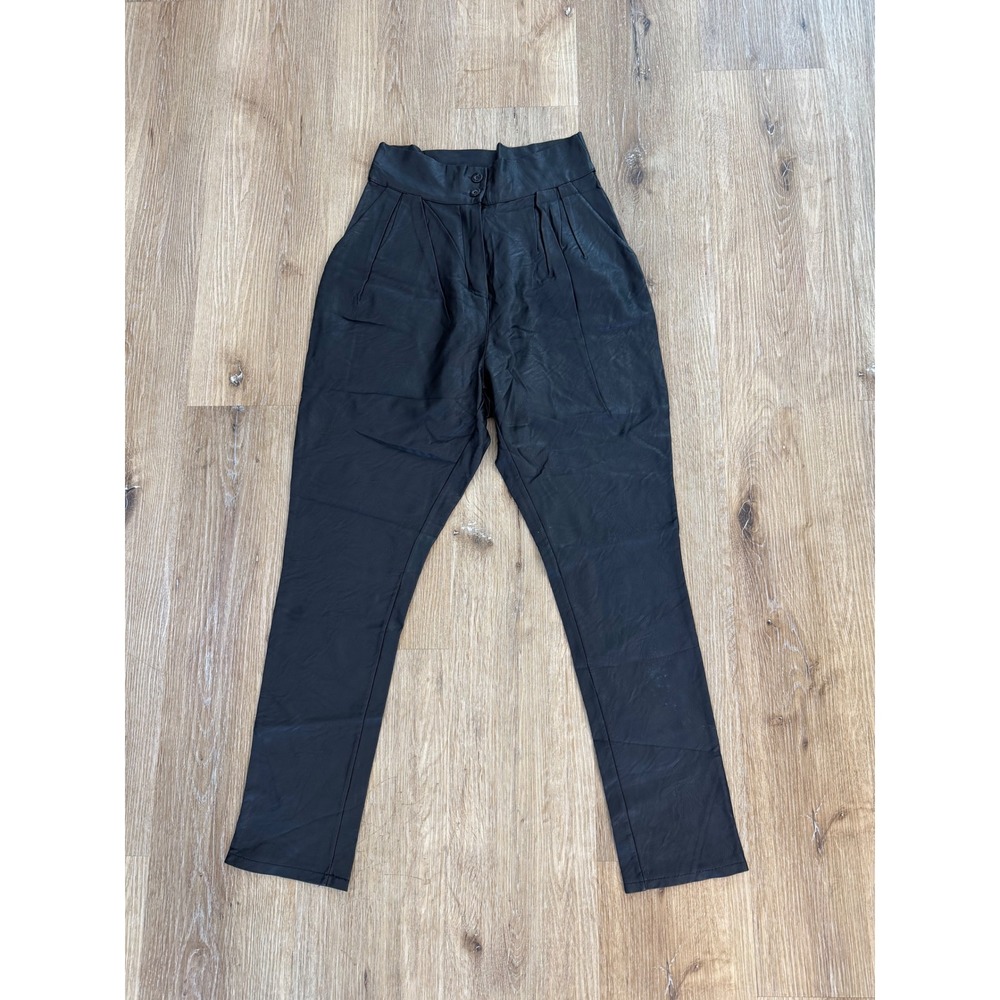 Boohoo Minimalist Faux Leather Trousers Women 6 Black High Rise Pleated Tapered